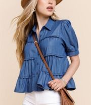 Francesca’s Blue Rain NWT Chambray Becky Tiered Ruffle Button Down Top Size M