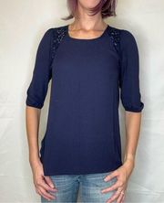 Tea N Rose Women's Blouse Top Shirt Dark Blue M Med Medium Lightweight Lace Thin