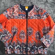 Ruby Rd. Women’s intricate orange & blue quilted zip up 100% cotton jacket sz 14