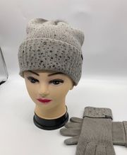 NWOT VICTORIAS SECRET GREY BLINGY POM POM BEANIE AND MATCHING BLINGY GLOVES