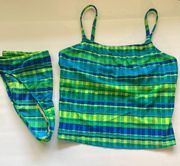 Vintage 90s Kathy Ireland bright blue green plaid tankini swimsuit, size 12