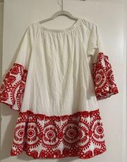 Velvera White Off the Shoulder Dress with Bell Sleeves and Red Pattern Size M