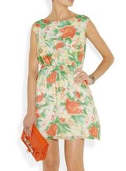 Alice + Olivia Matilda Green Orange 100% Silk Floral Dress Size Medium