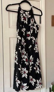 Adrianna Papell Black Floral Fit and Flare High Neck Flowers Dress Classic