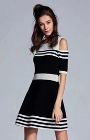Black White Striped Cold Shoulder Bodycon Dress