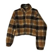 New! Zaful Brown plaid fuzzy pullover cropped teddy sweater size large