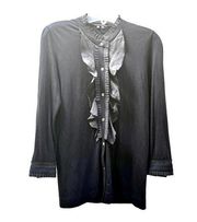 Theory black cotton jersey blouse with silk ruffle detail