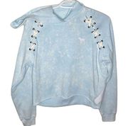 PINK - Victoria's Secret  tie dye baby blue cropped hoodie with lace up detail XS