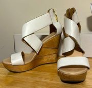 Diane Von Furstenberg white opal wood block wedge heel zip back sandal