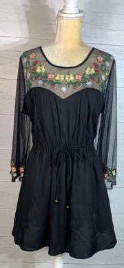 Dress Black Embroidered Sheer Mesh Boho Mini Drawstring XL juniors