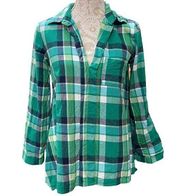Soft Surroundings Womens Blue/Green Plaid Popover Top Size XS Convertible Sleeve