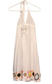 Y2K White 100% Linen Embroidered Halter Dress Size Medium