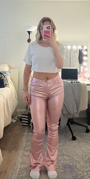 Metallic Pink Faux Leather Flared Pants