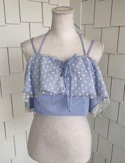 Do + Be Women's Blue/White Striped Floral Tulle Ruffle Neck Halter Crop Top sz M