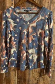 NWT ZAC & RACHEL Blue & Pink Waffle Textured Vneck Top with Long Sleeves Size M
