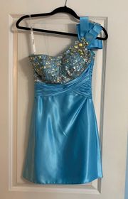 Blue Beaded One Shoulder Mini Dress