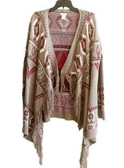 Wrangler Women’s Aztec Southwestern Fringe Hem Cardigan Taupe Tan Maroon Size L