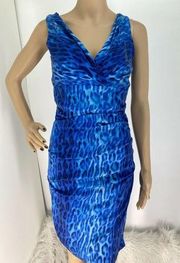 CACHE BLUE ANIMAL LEOPARD PRINT RUCHED BODYCON COCKTAIL SHEATH SILK DRESS SIZE:2