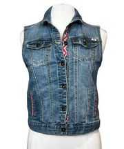 LUCKY Brand Ladies Boho Embroidered Trim Button Front Stretch Denim Vest