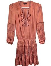Frye Odetta Mini Dress Size S Long Sleeve Embroidered Drop Waist V-Neck Smocking