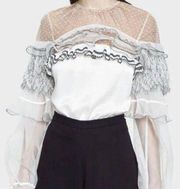 Self-Portrait Pleated Trim Blouse Long Sleeves Ivory Bridal Winter White