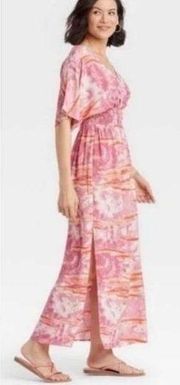 Knox Rose NWT  Womens Boho Tie Dye Deep V Neck Maxi Dress Pink Orange Size Medium