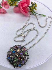 Lightly domed colorful rhinestone pendant necklace brushed antique silver