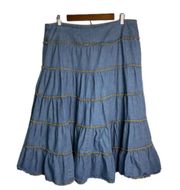 Panhandle Slim Ruffle Tiered Denim Midi Skirt Size Women's Vintage Western 14