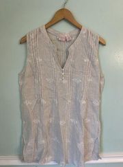 St.Tropez Women's 100% Tan Stripe Linen Top Sleeveless Embroidered V Neck M