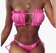 Pink Strapless Ruffled Bikini 