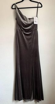 NWT After Six One Shoulder Velvet Maxi Dress Gown in Caviar Gray