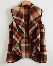 Cute Waterfall Collar Contrast Binding Plaid Sleeveless Vest Size Small