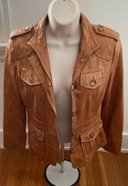 Vintage 100% Sheep Leather Brown Mustard Button Up Jacket, size 2