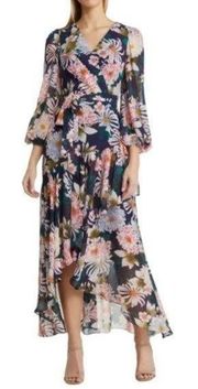 Eliza J Floral Long Sleeve High Low Faux Wrap Dress Navy Size 6 NWT