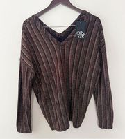 Chaser Metallic Striped Formal V-neck Blouse Long Sleeves Black/Brown Size Large