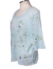 Saks Fifth Avenue Blue Crinkled Embroidered 3/4 Sleeve V-Neck Top Size M