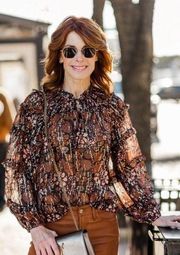 Ulla Johnson black & rust metallic floral print puff sleeve silk blouse NWOT