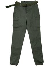 *New American Bazi Olive Twill Jogger Pant Womens Med Green Belt Casual Stretch