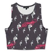 NWT Ed Hardy Black Skull + Dagger Print Sleeveless Sport Crop Tank Sz M