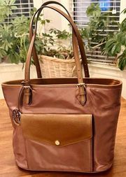 EUC Michael Kors Brown Jet Set Tote Bag Nylon Leather Trim