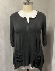 Kim & Cami | Grey Sharkbite Long Sleeve Henley Tunic Top