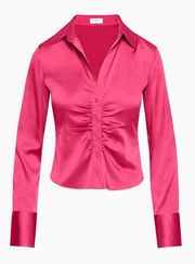 Aritzia Babaton Leiko Satin Ruched Cropped Button Down Blouse Ultra Pink 102993