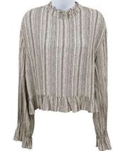 GLAM Striped Print Ruffle High Neck Balloon Long Sleeve Open Back Blouse Top