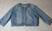 Versona Jean Jacket Women Medium Blue Studded Denim Open Front Jacket Distressed