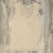 Zara Wool Sleeveless Ruffle Hem Ribbed Knit Top Beige Neutral Sheer Shirt Size L