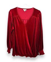 Wonderly red crush velvet ruched faux wrap long sleeve blouse 1X