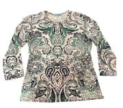 J McLaughlin Women's Paisley Floral Top Size Small 3/4 sleeve green Navy White