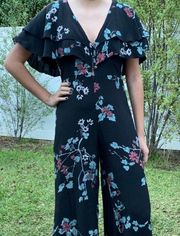 Cleobella Black Floral Ruffle Sleeve Wide Leg Party Jumpsuit Size XS Vacation