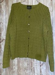 Eddie Bauer Green Cable Knit Cardigan Button Stretch Cotton Sweater Size Large