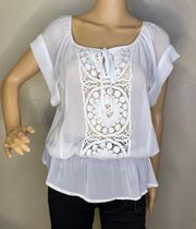 Short Sleeve Sheer Blouse White With Crochet Lace Detail Size Large